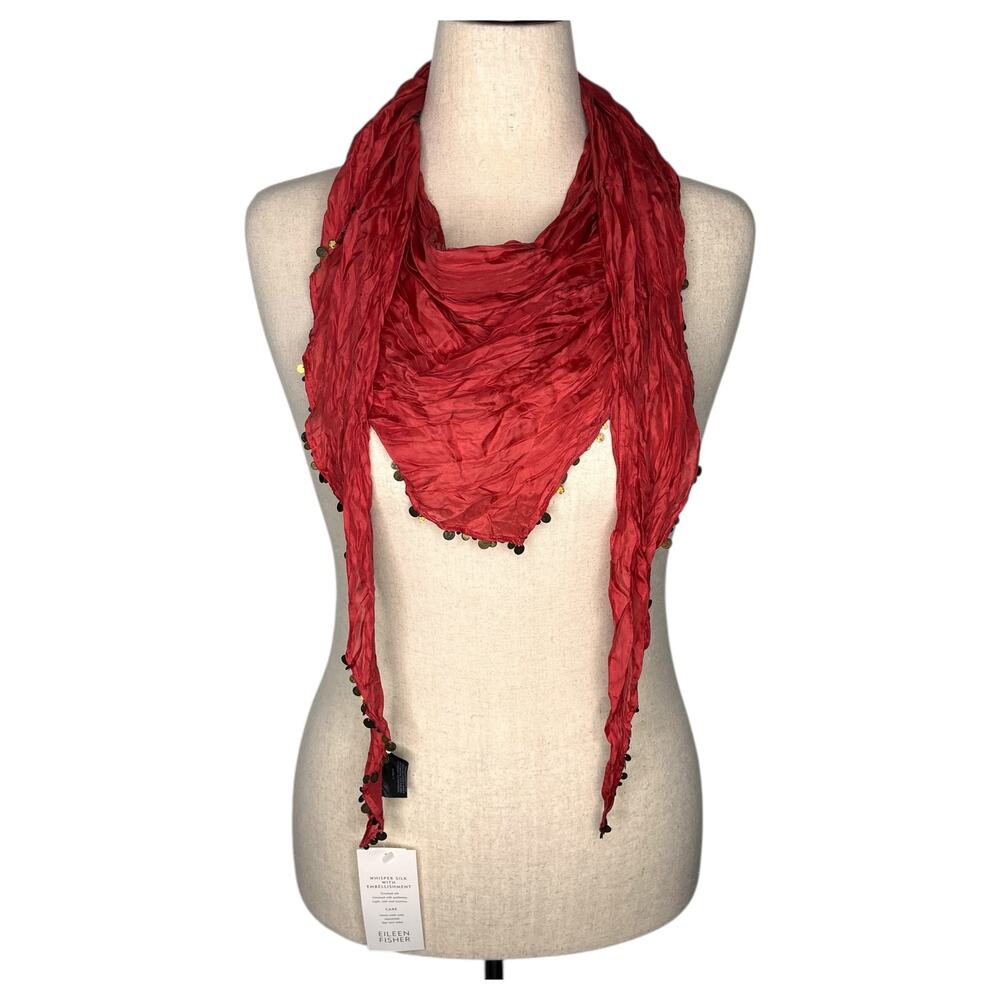 Eileen Fisher Scarf Women's Whisper Silk with Embellishment Coral Red 76" NWT